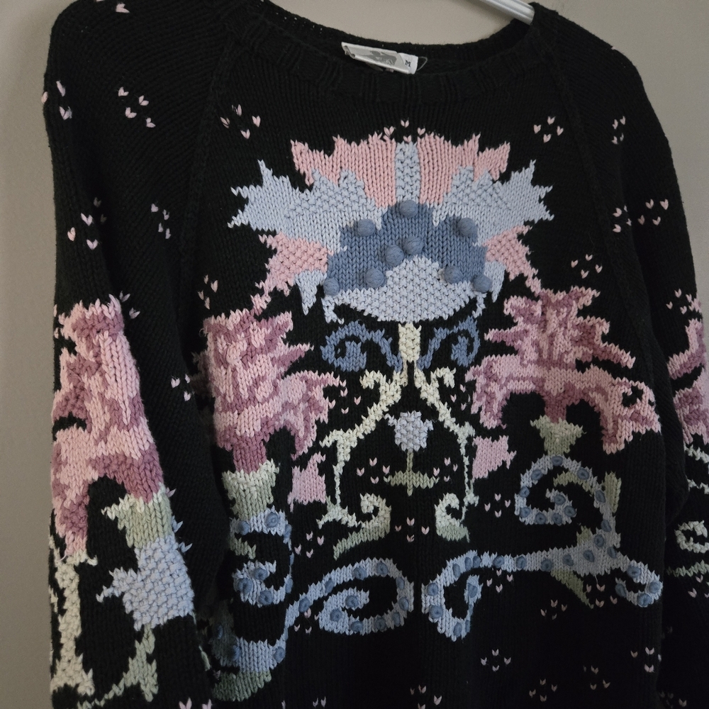 Vintage 90s Floral Chunky Knit Sweater Womens Medium Cottage - Picture 5 of 8